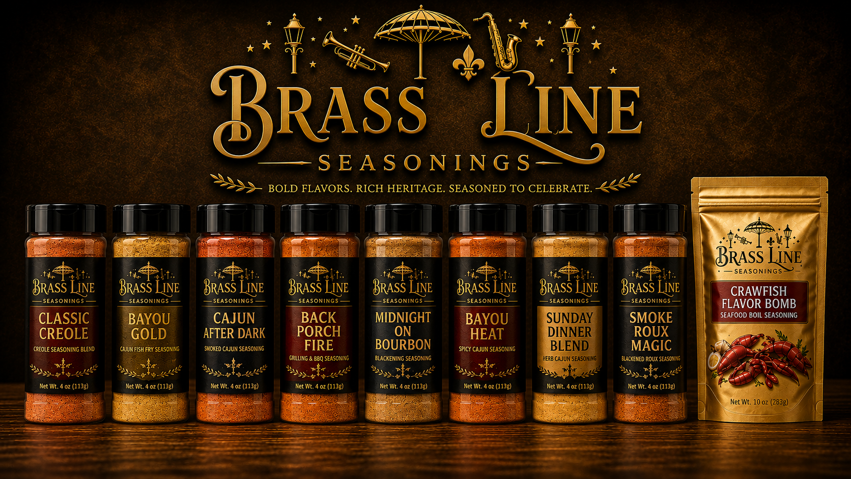 The full Brass Line Seasonings lineup — eight glass bottles and the Crawfish Flavor Bomb boil pouch beneath the Brass Line logo